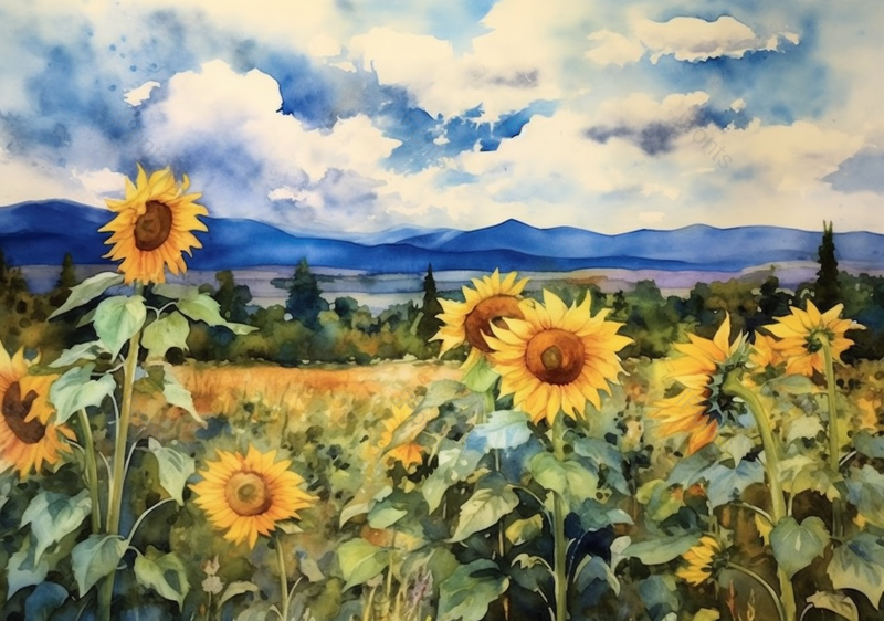 多云夏日黄色向日葵花田盛开天气晴朗水彩背景,插画/手绘图,插画/手绘图库,插画/手绘图下载,插画/手绘